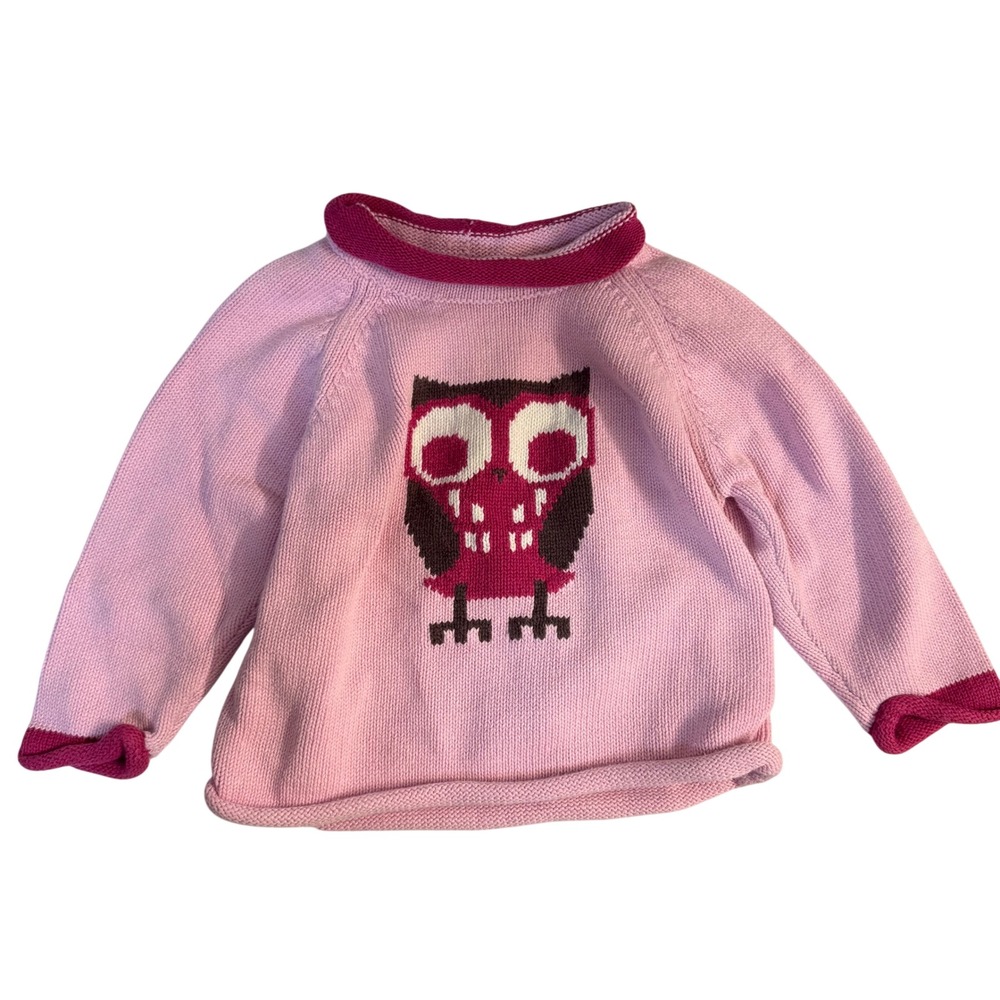 Vintage L.L. Bean Pink Knit Owl Celestial Sweater Roll-neck 12-18 month girl